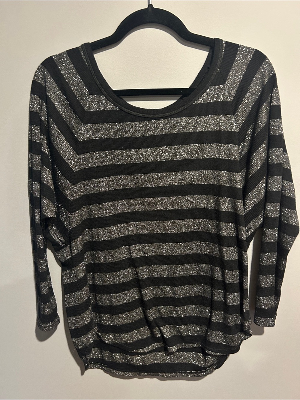 Vintage American Eagle Black and Silver Striped Sparkle Women's Top
